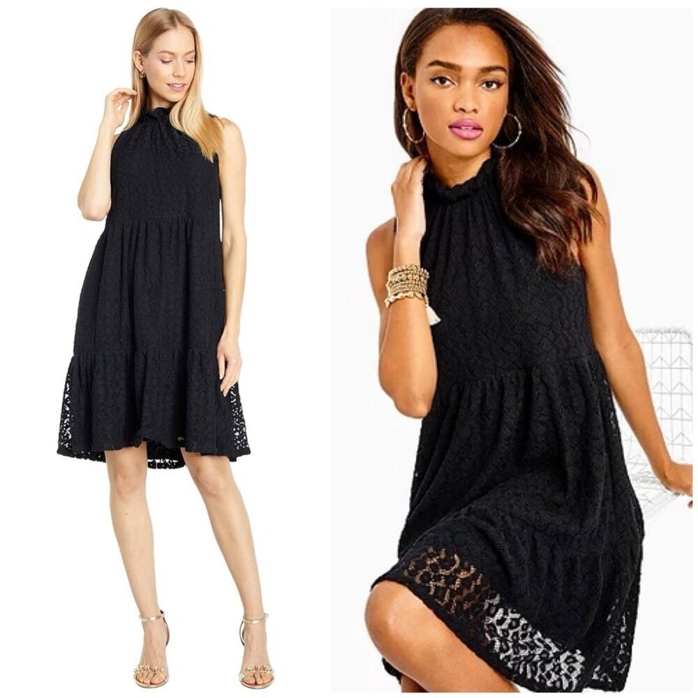 🌟Lilly‎ Pulitzer Cornelia Ruffle Neck Tiered Swing Dress Black Lace Womens XXS